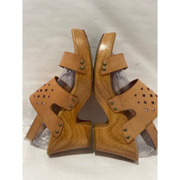 Korks By Korks Easy Womens Tan Laser Cut Leather Wood Platform Sandals size 10 - Picture 6 of 10